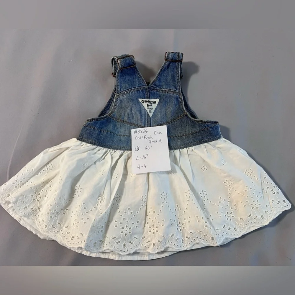 Vtg Osh Kosh Girl Bib Overalls Denim Dress Jumper White Eyelet Lace Sz 9-12 Mths